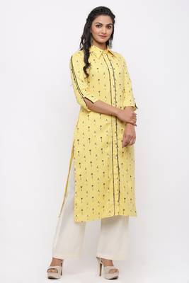 Women's  Yellow Cotton Flex Ikat Printed Straight Kurta 3