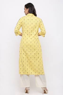 Women's  Yellow Cotton Flex Ikat Printed Straight Kurta 4