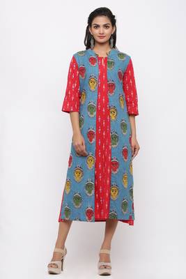 Women's  Red & Blue Cotton & Katha Cotton Ikat Printed A-line Kurta 1