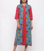 Women's  Red & Blue Cotton & Katha Cotton Ikat Printed A-line Kurta