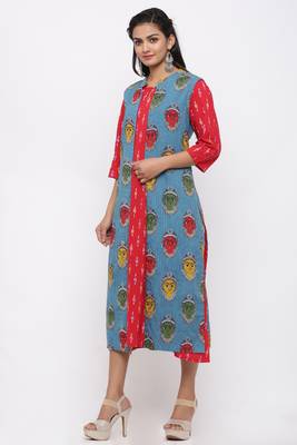 Women's  Red & Blue Cotton & Katha Cotton Ikat Printed A-line Kurta 2