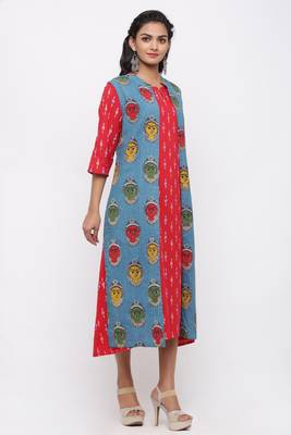 Women's  Red & Blue Cotton & Katha Cotton Ikat Printed A-line Kurta 3