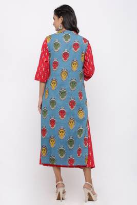 Women's  Red & Blue Cotton & Katha Cotton Ikat Printed A-line Kurta 4