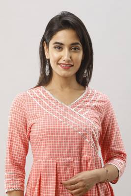 Women's  Coral Cotton Geomatric Printed Anarkali Kurta 5