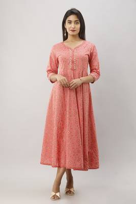 Women's  Coral Cotton Gold Printed Anarkali Kurta 1