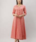 Women's  Coral Cotton Gold Printed Anarkali Kurta