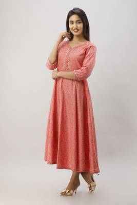 Women's  Coral Cotton Gold Printed Anarkali Kurta 2