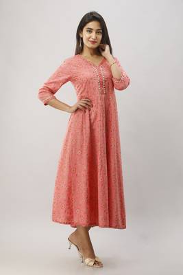 Women's  Coral Cotton Gold Printed Anarkali Kurta 3