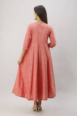 Women's  Coral Cotton Gold Printed Anarkali Kurta 4