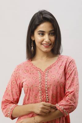Women's  Coral Cotton Gold Printed Anarkali Kurta 5