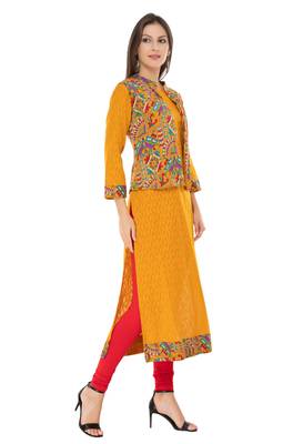 Yellow printed cotton ethnic-kurtis 3