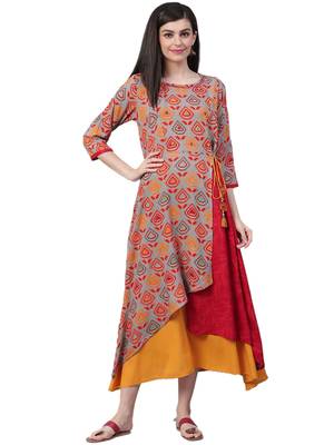 Red printed rayon long-kurtis 1