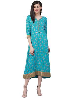 Turquoise printed rayon long-kurtis 1