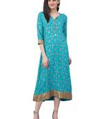 Turquoise printed rayon long-kurtis