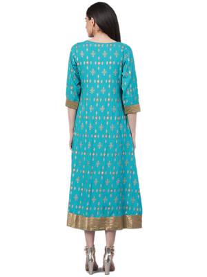 Turquoise printed rayon long-kurtis 2