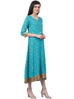 Turquoise printed rayon long-kurtis 3