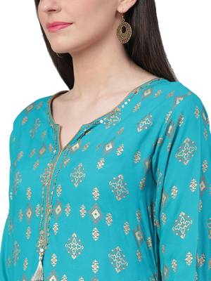 Turquoise printed rayon long-kurtis 4
