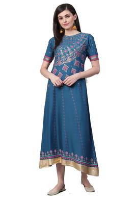 Blue printed rayon long-kurtis 1