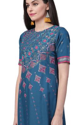 Blue printed rayon long-kurtis 4