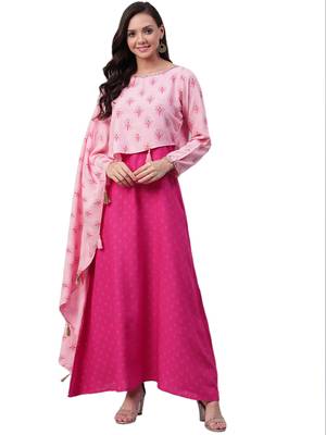 Pink printed rayon long-kurtis 1