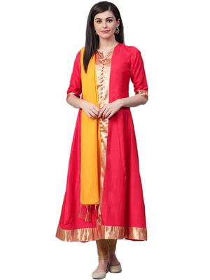 Red plain silk long-kurtis 1