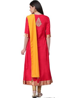 Red plain silk long-kurtis 2
