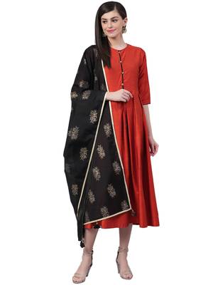 Red plain art silk long-kurtis 1