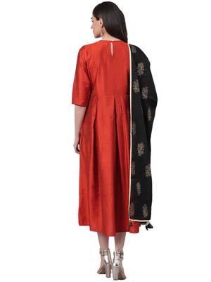 Red plain art silk long-kurtis 2