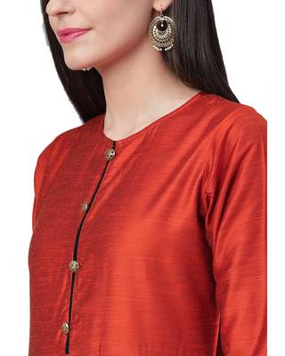 Red plain art silk long-kurtis 4