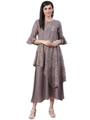 Grey printed art silk long-kurtis 1