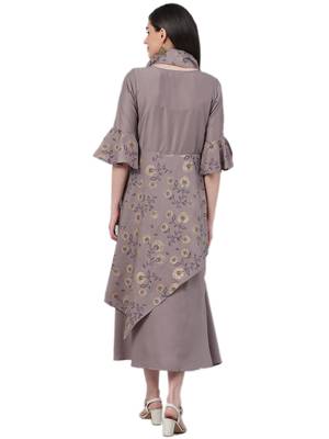 Grey printed art silk long-kurtis 2