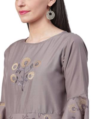 Grey printed art silk long-kurtis 3