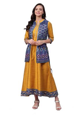 Mustard printed rayon long-kurtis 1