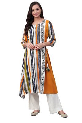 Mustard printed rayon ethnic-kurtis 1