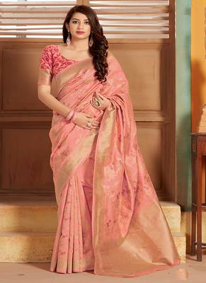 Peach woven silk blend saree with blouse 1