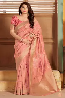 Peach woven silk blend saree with blouse