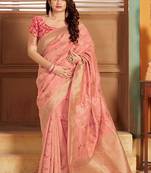 Peach woven silk blend saree with blouse