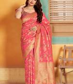 Pink woven silk blend saree with blouse