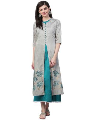 Grey plain polyester long-kurtis 1