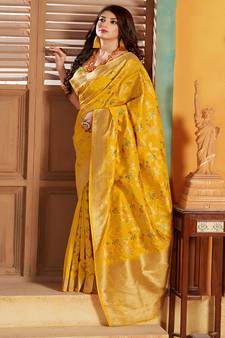 Yellow woven silk blend saree with blouse