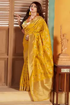 Yellow woven silk blend saree with blouse