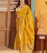 Yellow woven silk blend saree with blouse