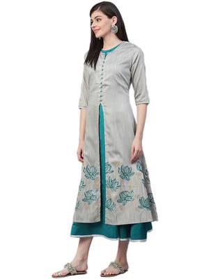 Grey plain polyester long-kurtis 3