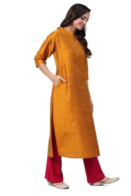 Mustard plain art silk ethnic-kurtis 3
