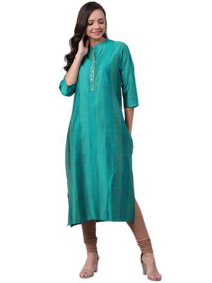 Teal plain art silk ethnic-kurtis 1
