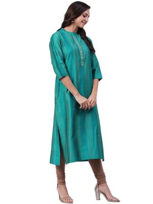 Teal plain art silk ethnic-kurtis 3