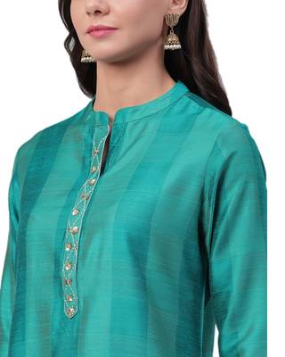 Teal plain art silk ethnic-kurtis 4