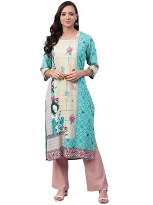 Teal printed liva long-kurtis 1