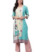 Teal printed liva long-kurtis