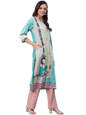 Teal printed liva long-kurtis 3